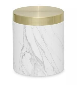 DKNY Faux Marble Jar with Gold Tone Lid Mixed Media Cover White Gray Black NWT